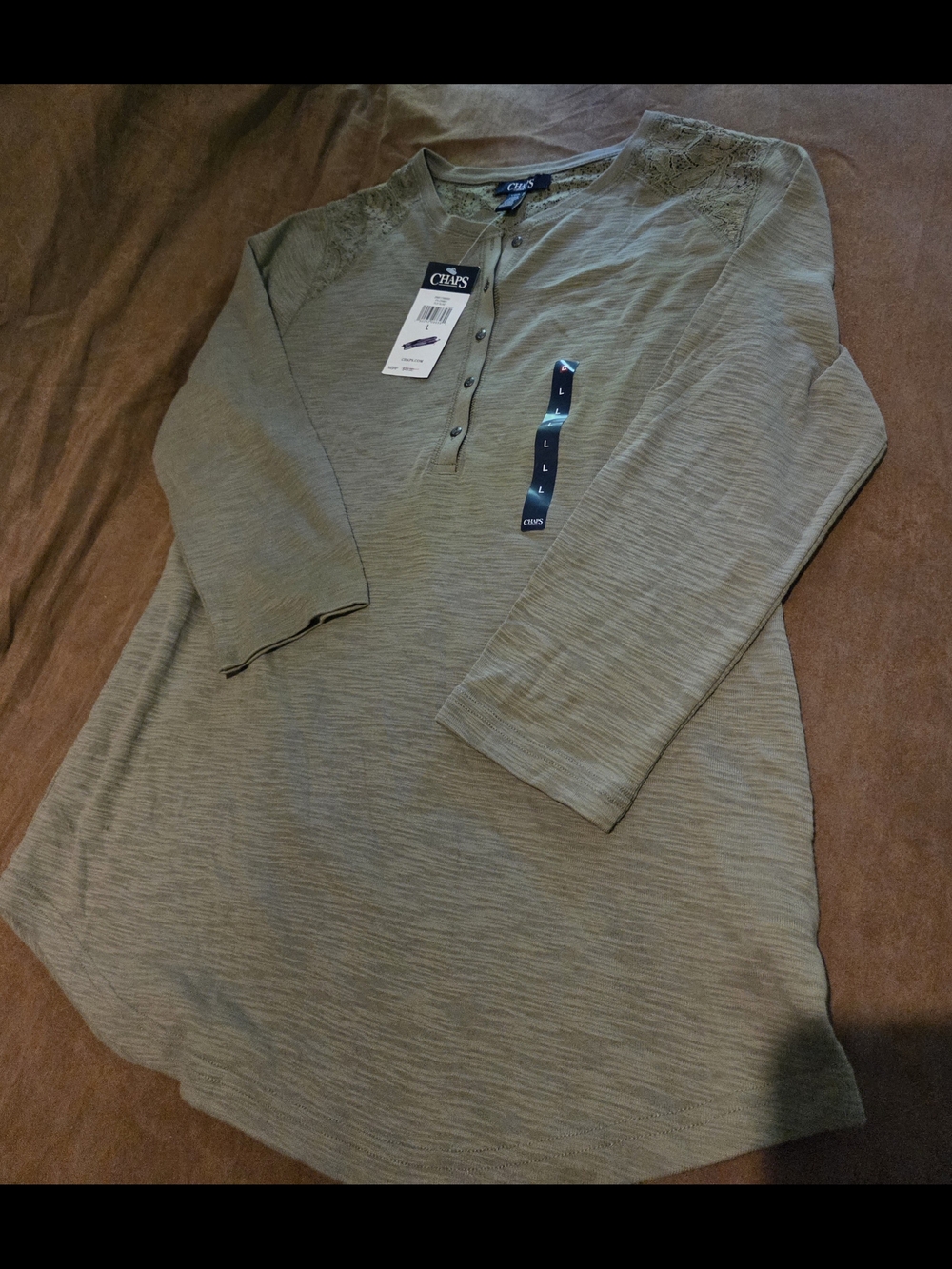 Chaps Olive Green Henley Tunic with Lace Shoulder